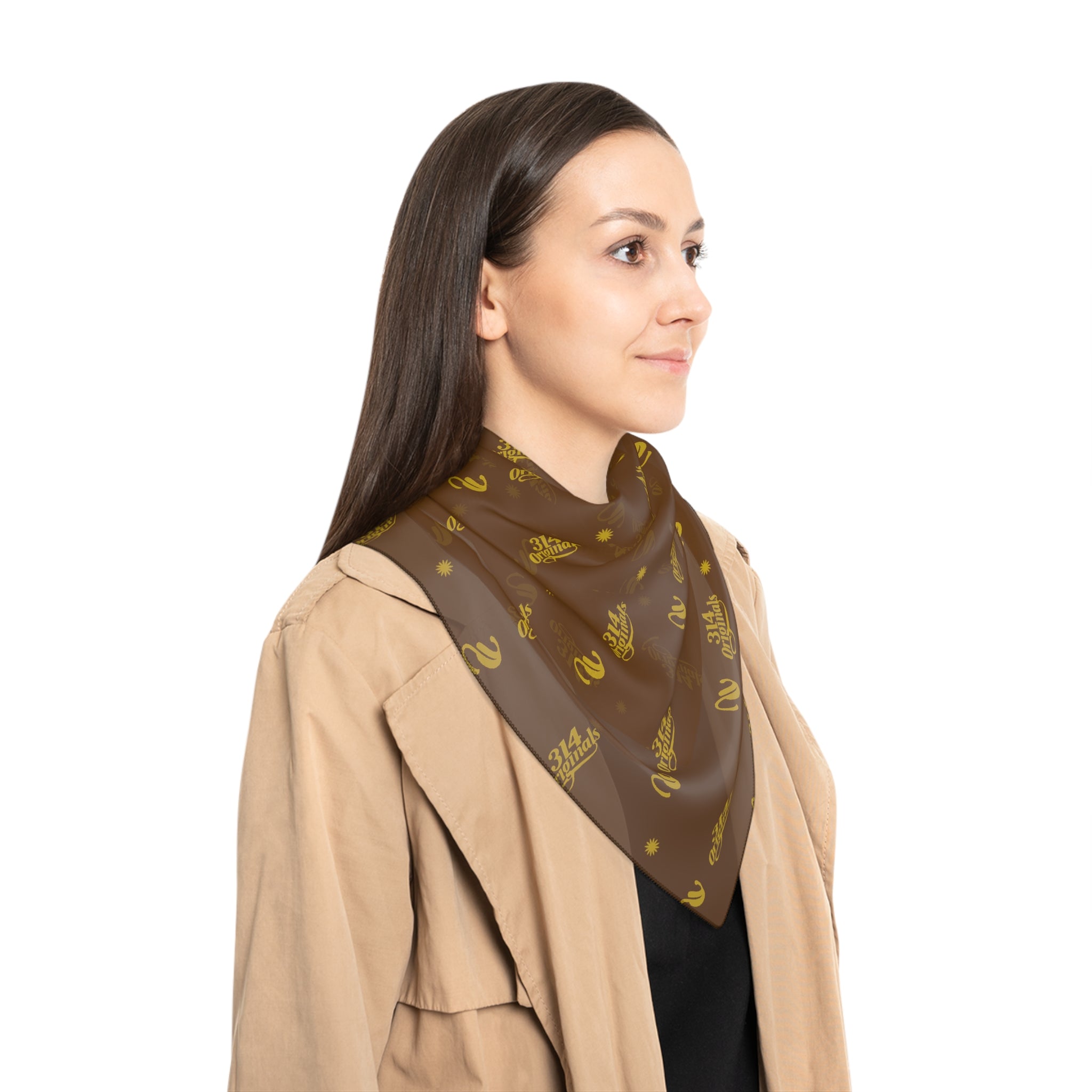 Silky Brown Logo Scarf — Gold Script Pattern Polyester Scarf - 314 Originals
