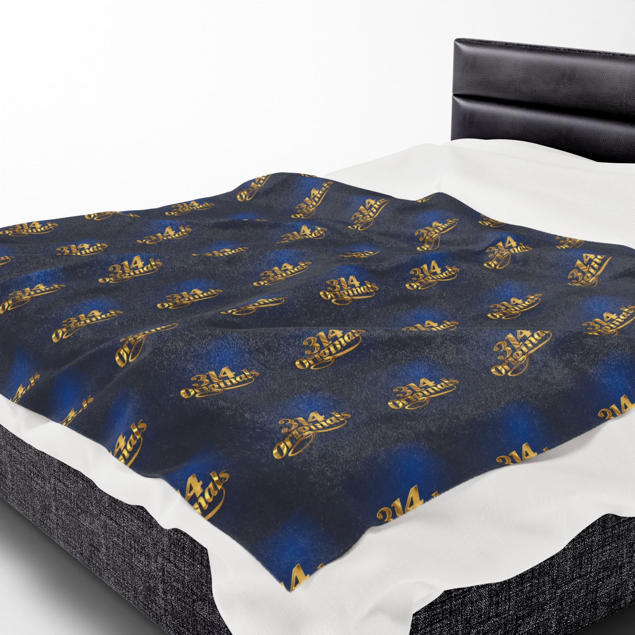 "314 Originals" Velveteen Plush Blanket – Navy Gold Repeating Logo Throw