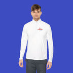 Man wearing a white long-sleeve shirt with red text on a white background