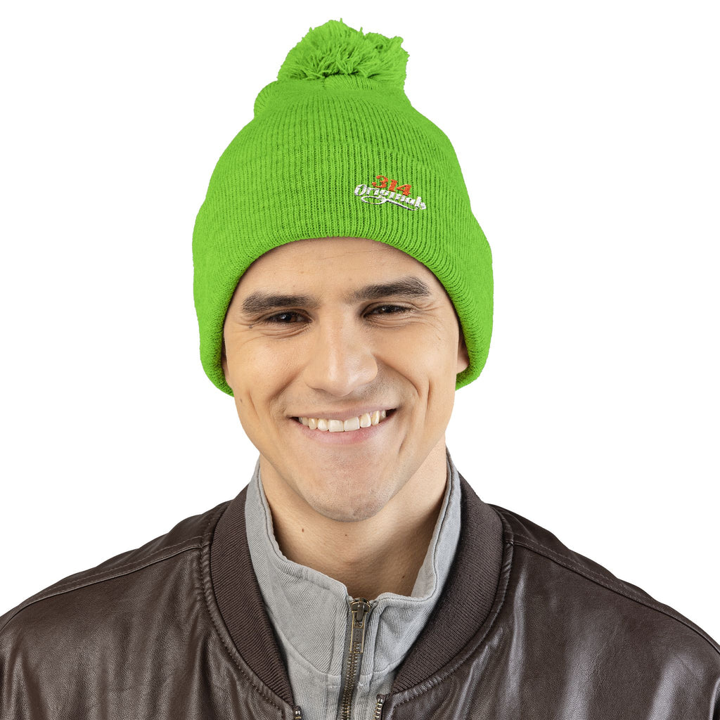 Embroidered Pom-Pom Knit Beanie – Cozy Winter Hat with Small Script Logo - 314 Originals