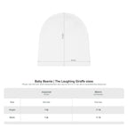 White baby beanie with size chart for height and width