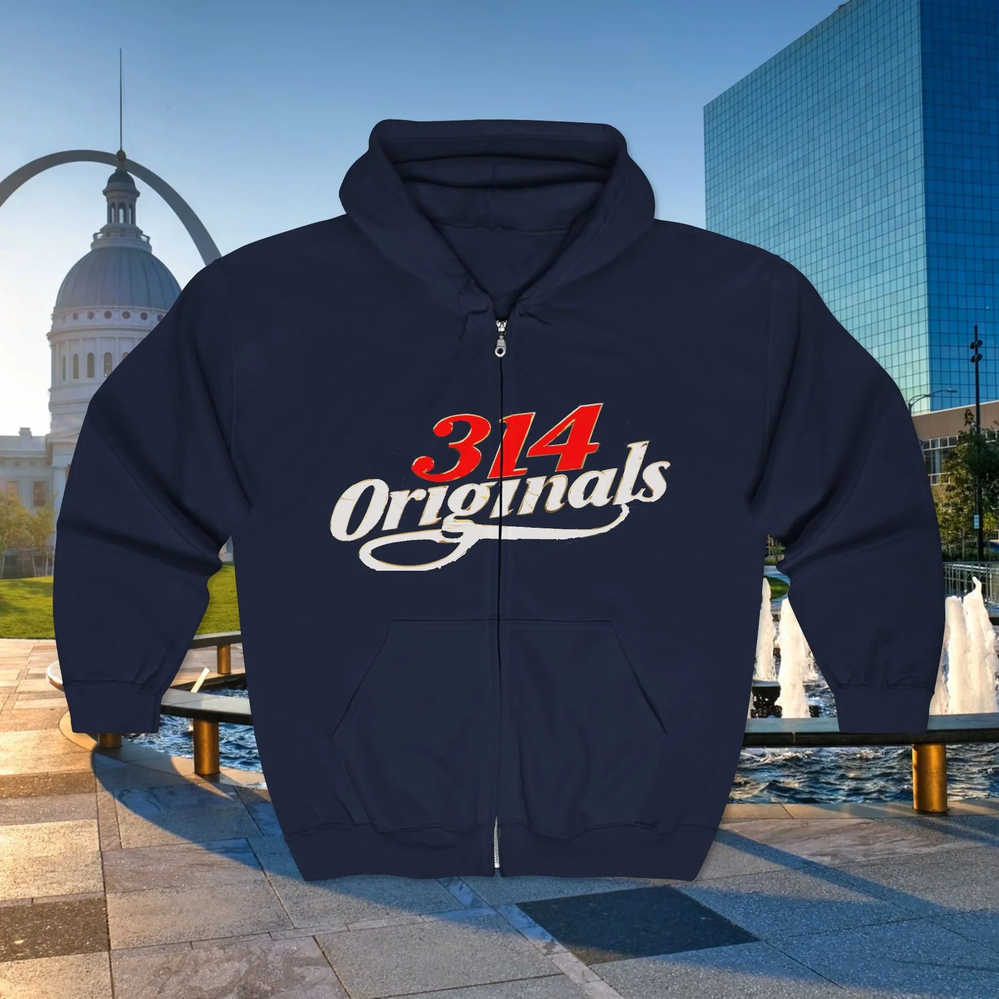 Navy 314 Originals zip-up hoodie with bold red and white logo, set against urban cityscape background.