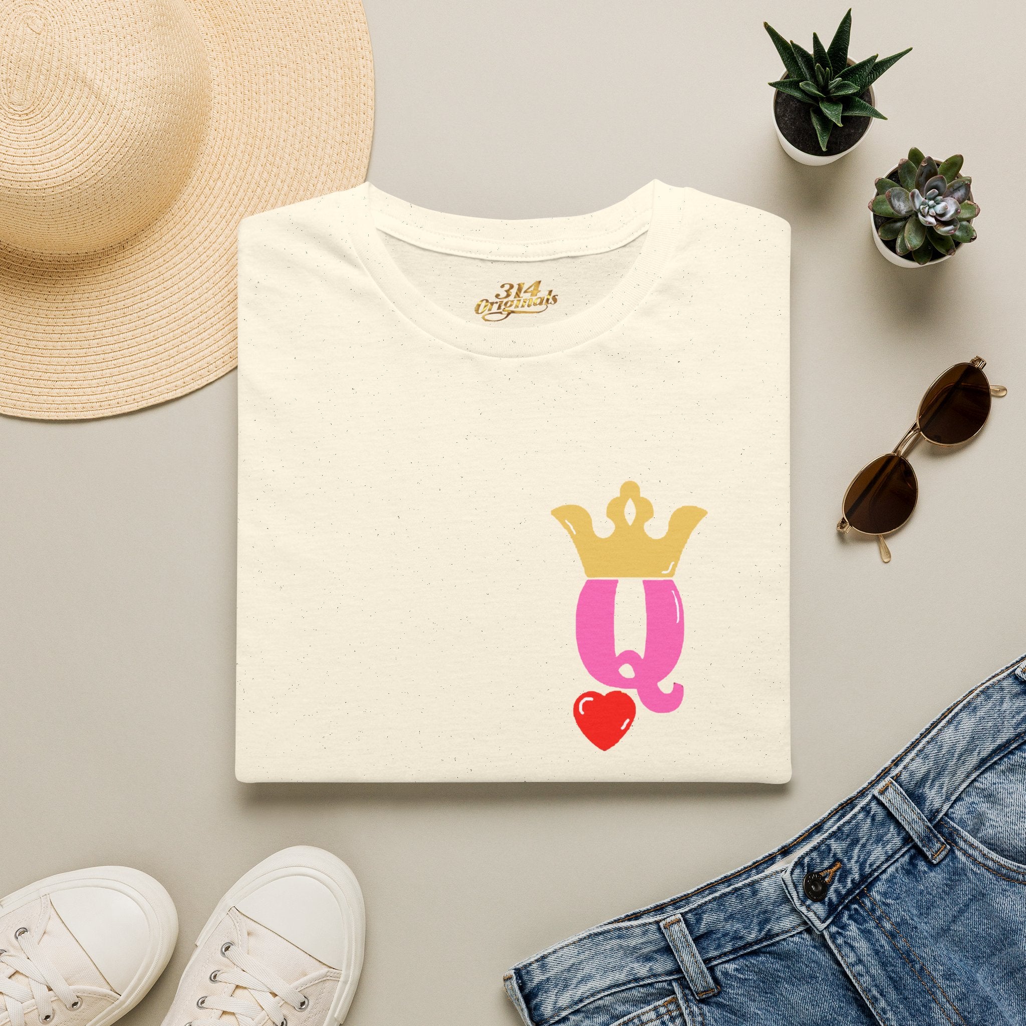 Queen Q Crown T‑Shirt — Pink & Gold Heart Logo Tee