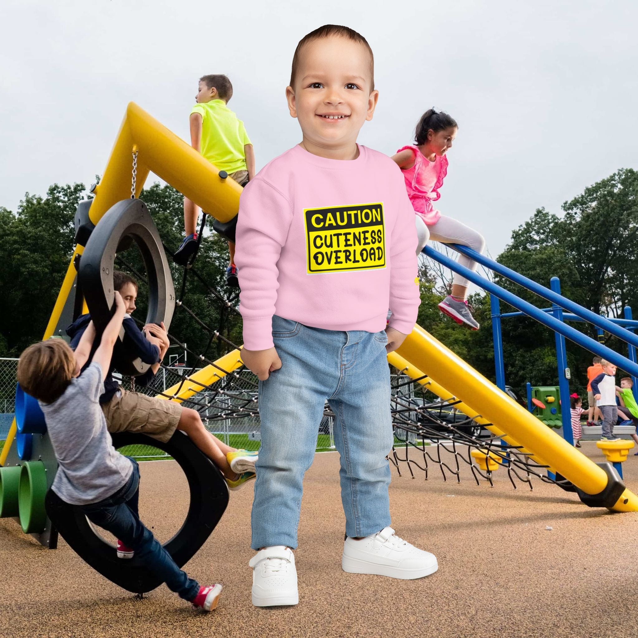 "Caution: Cuteness Overload" Kids Crewneck Toddler Sweatshirt