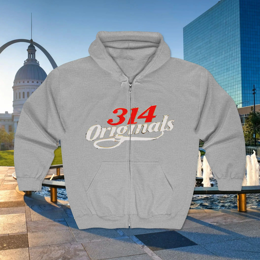 Gray zip-up hoodie with '314 Originals' logo, set against urban skyline and fountain backdrop.