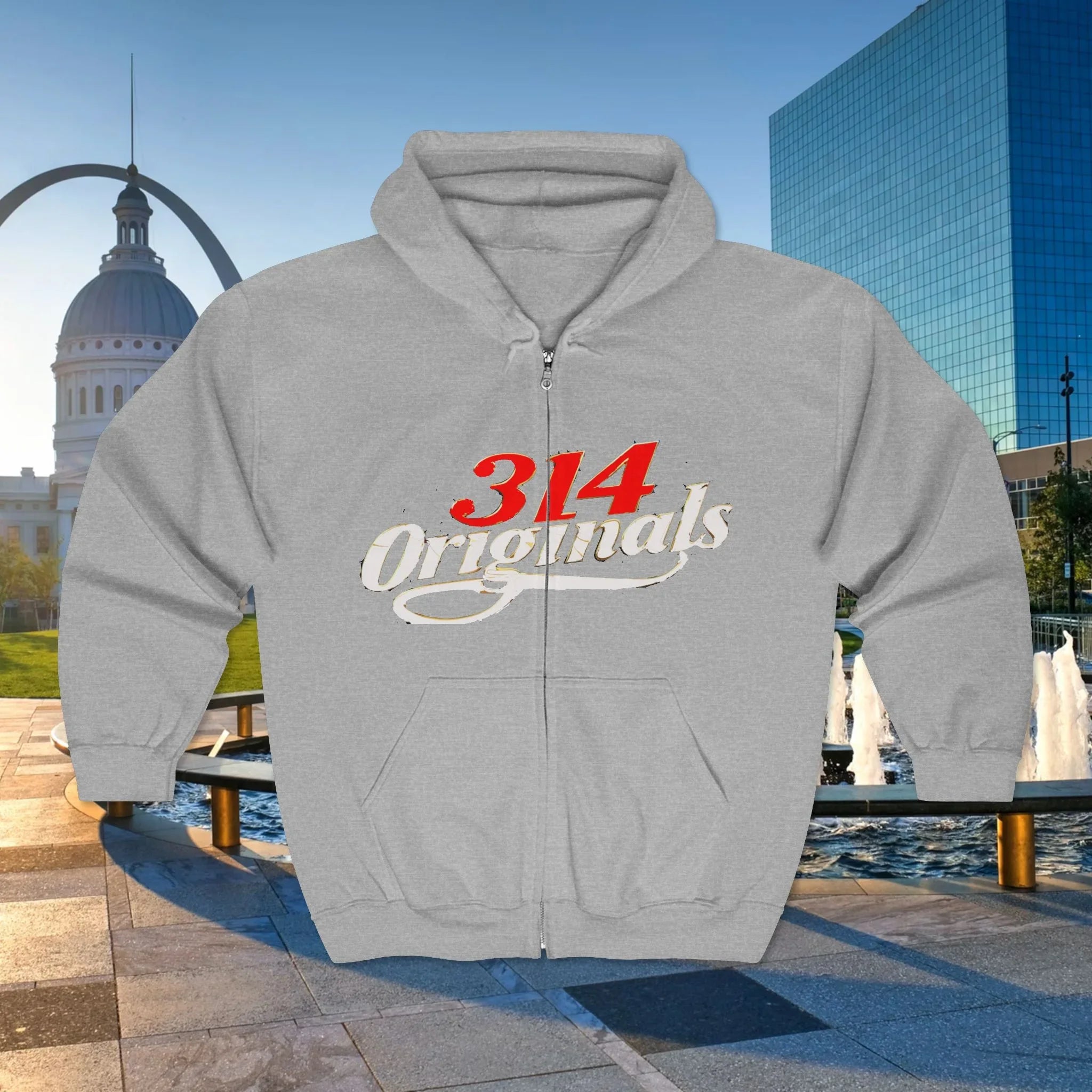 Gray zip-up hoodie with '314 Originals' logo, set against urban skyline and fountain backdrop.