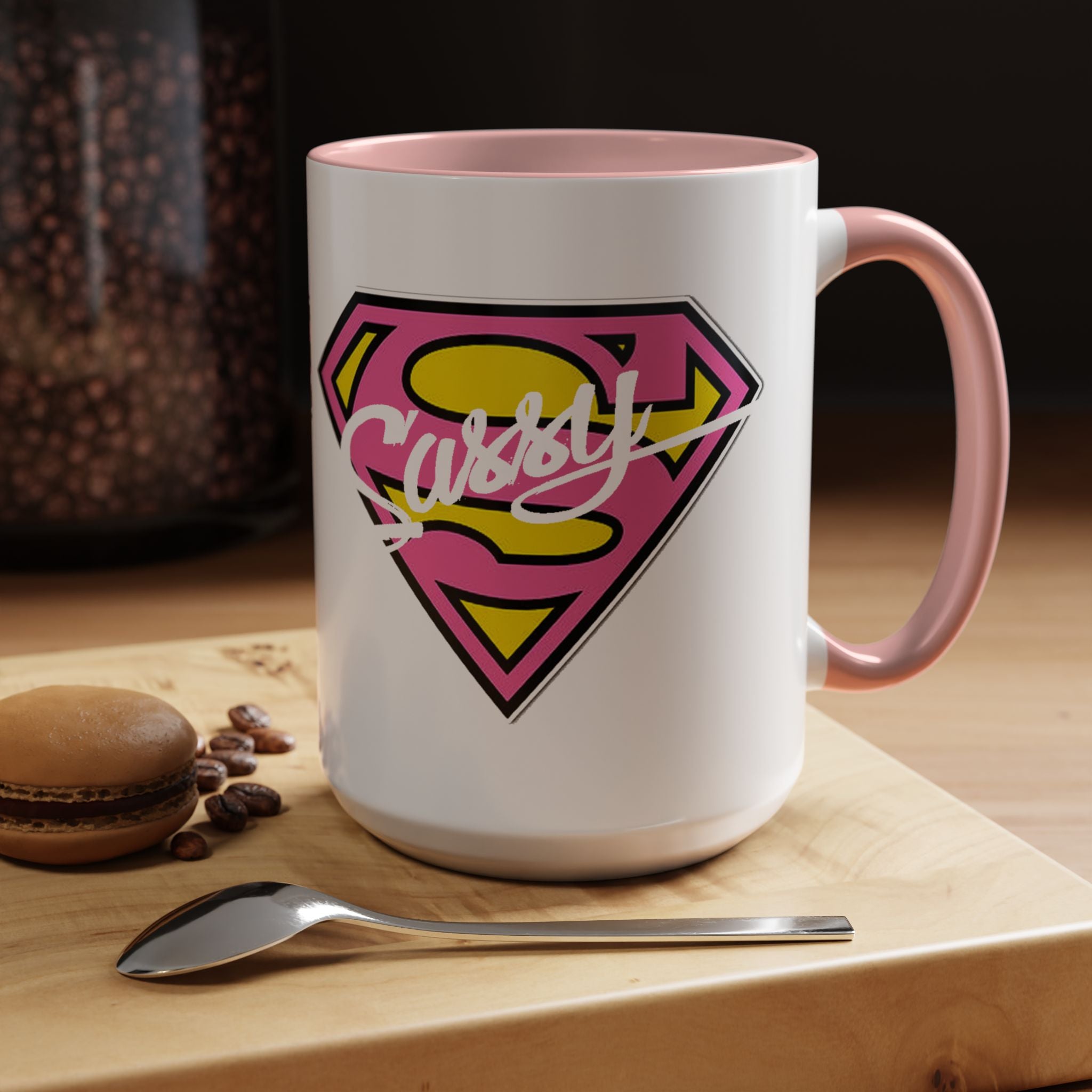 Sassy Supergirl Accent Coffee Mug – Pink & Yellow Super S Logo (11/15oz) - 314 Originals