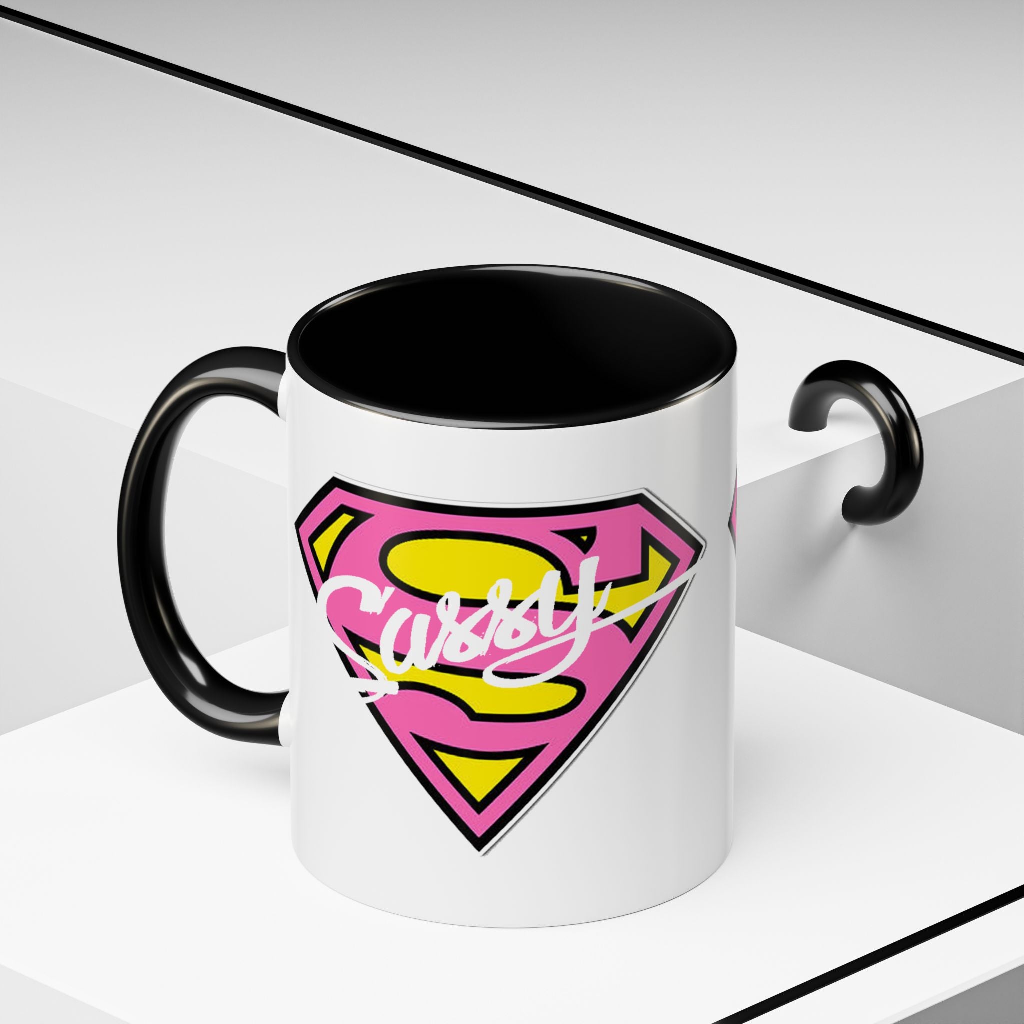 Sassy Supergirl Accent Coffee Mug – Pink & Yellow Super S Logo (11/15oz) - 314 Originals
