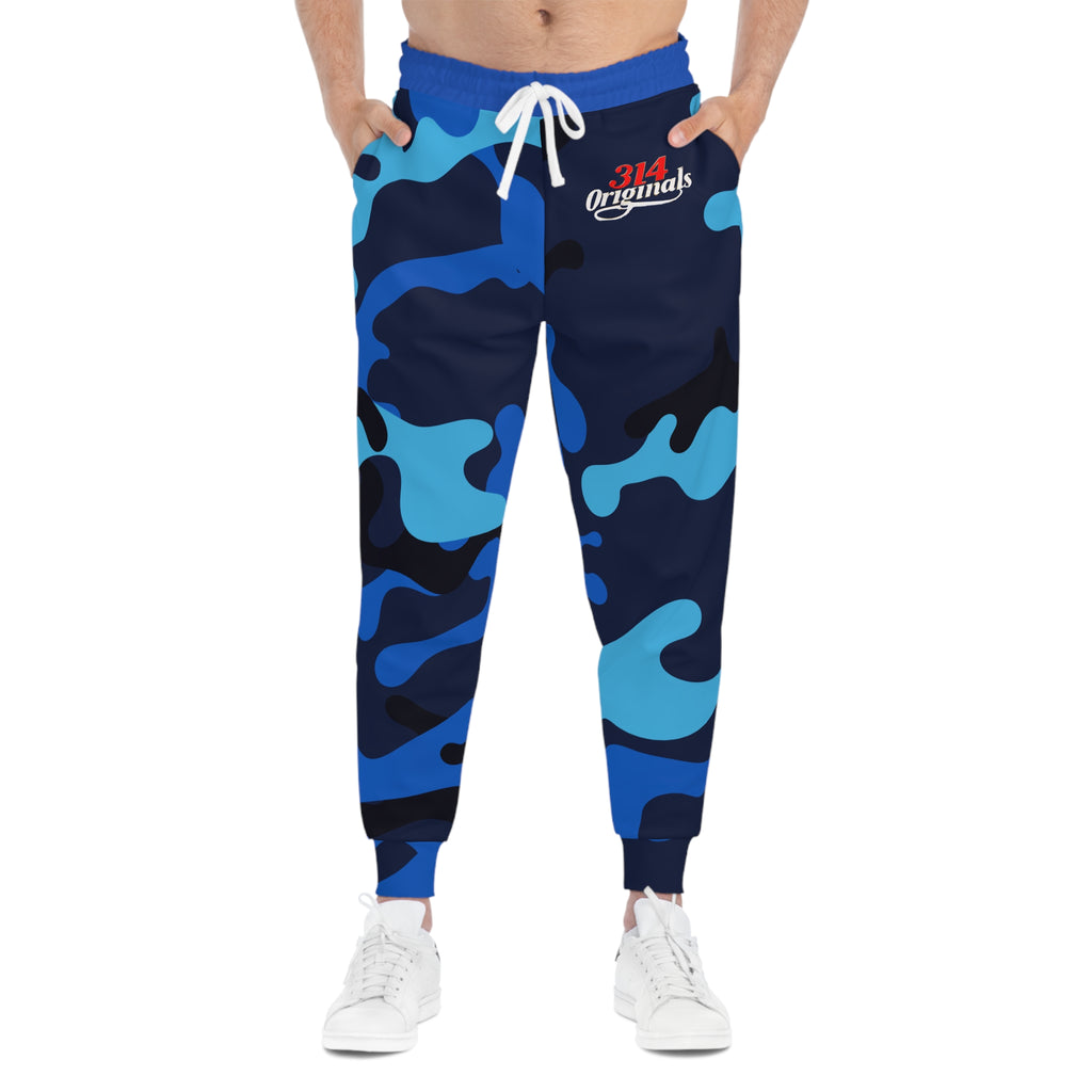 Blue Camo 314 Originals Athletic Joggers – Retro Script Logo Sweatpants