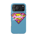 Sassy Superhero Tough Phone Case — Bold Pink & Yellow Emblem on Blue Printify Phone Case  314 Originals