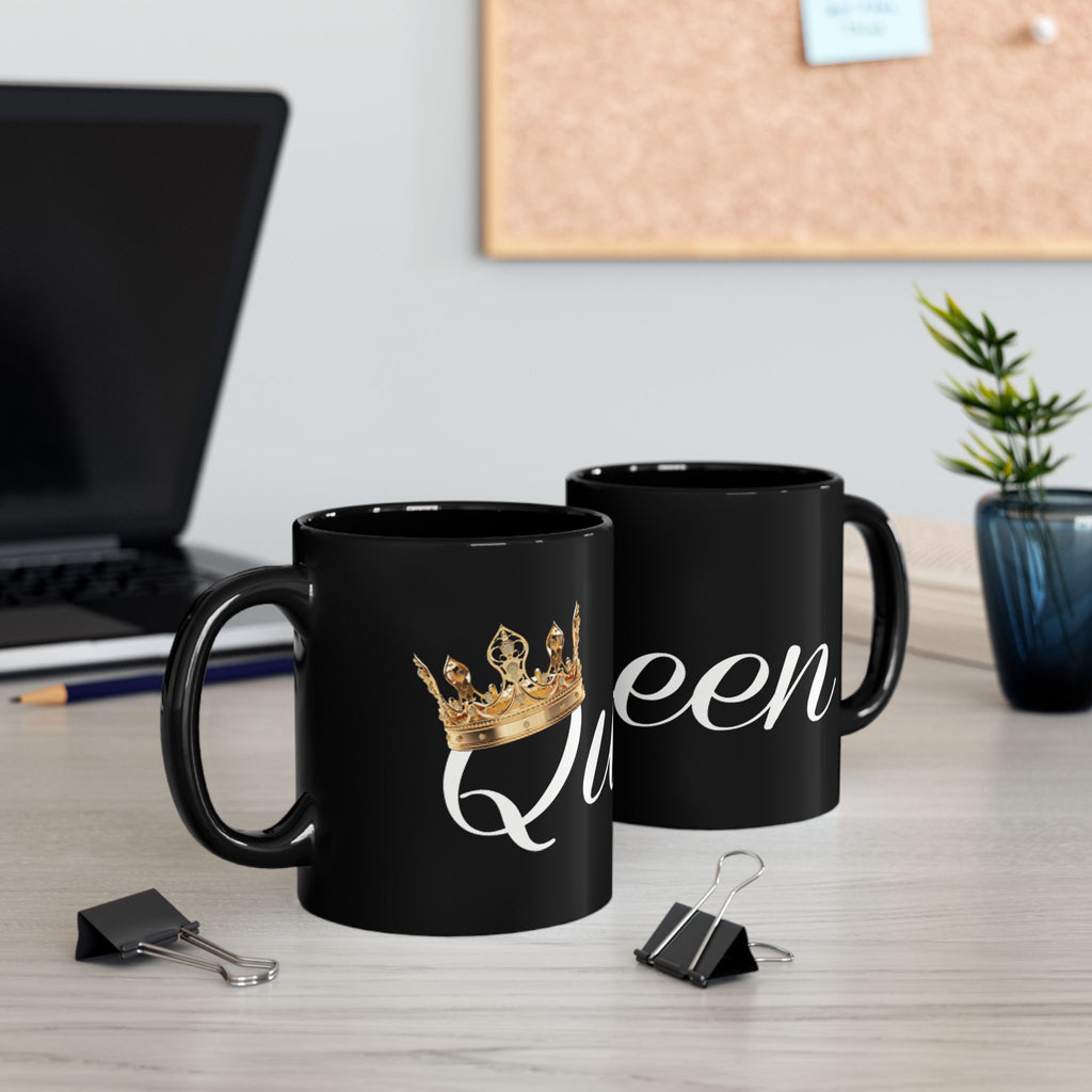 Queen Script Black Mug with Gold Crown — Royal Coffee Tea Gift - 314 Originals
