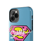 Sassy Superhero Tough Phone Case — Bold Pink & Yellow Emblem on Blue Printify Phone Case  314 Originals