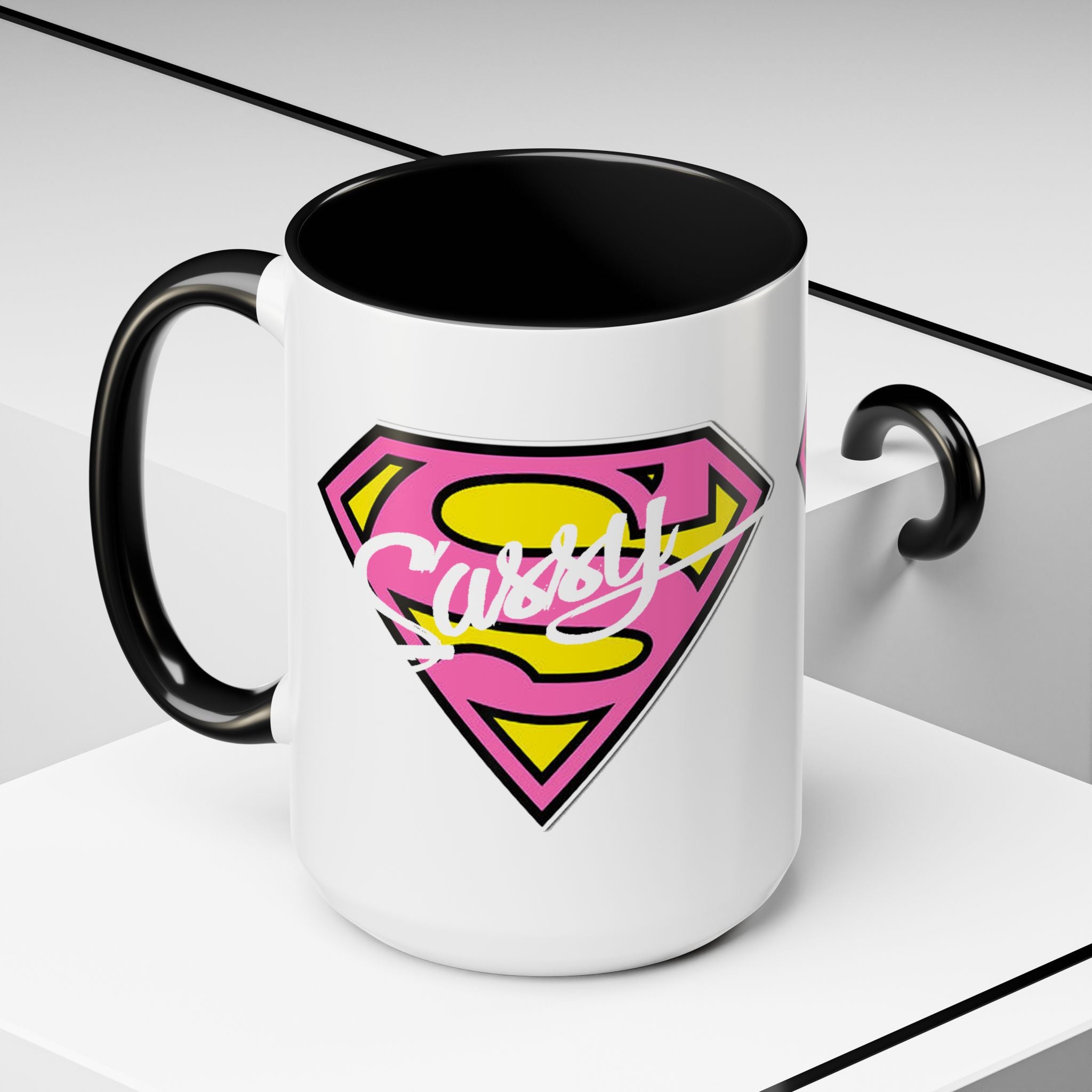 Sassy Supergirl Accent Coffee Mug – Pink & Yellow Super S Logo (11/15oz) - 314 Originals