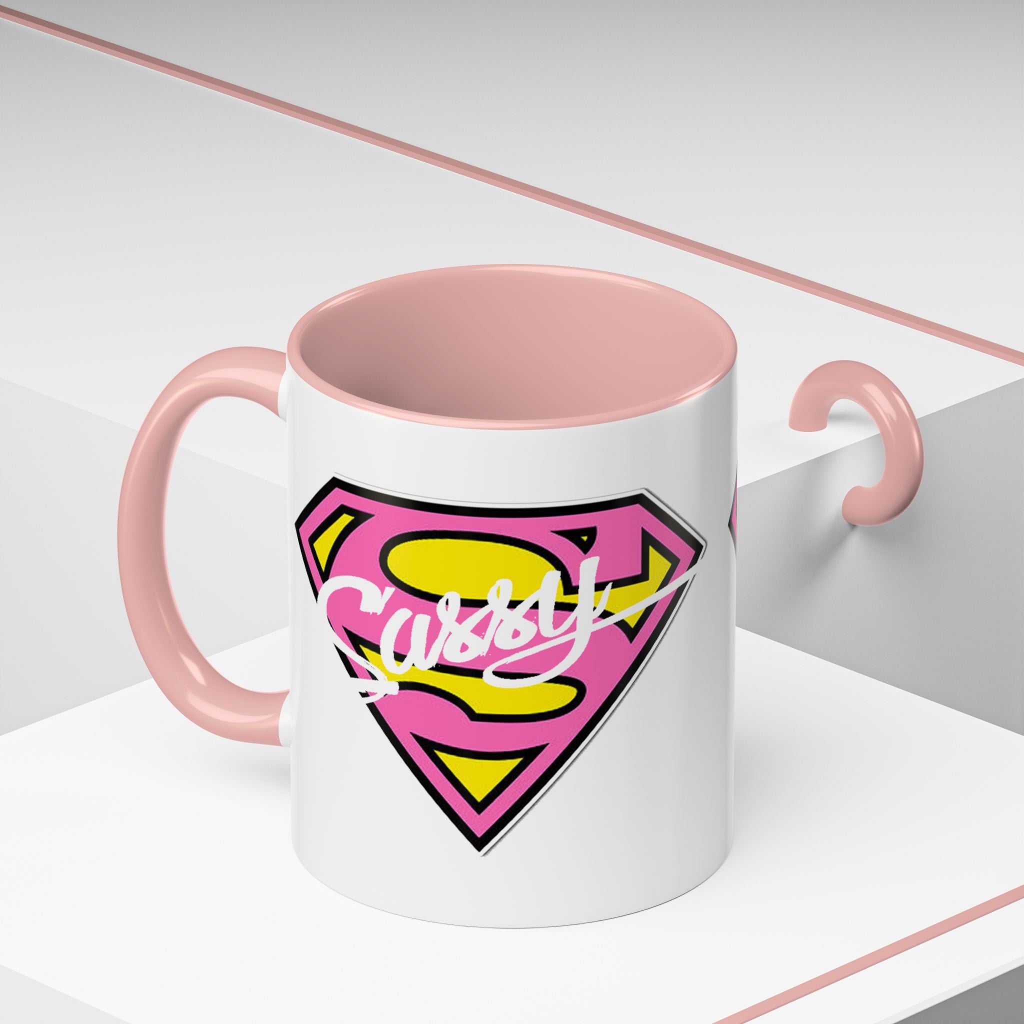 Sassy Supergirl Accent Coffee Mug – Pink & Yellow Super S Logo (11/15oz) - 314 Originals