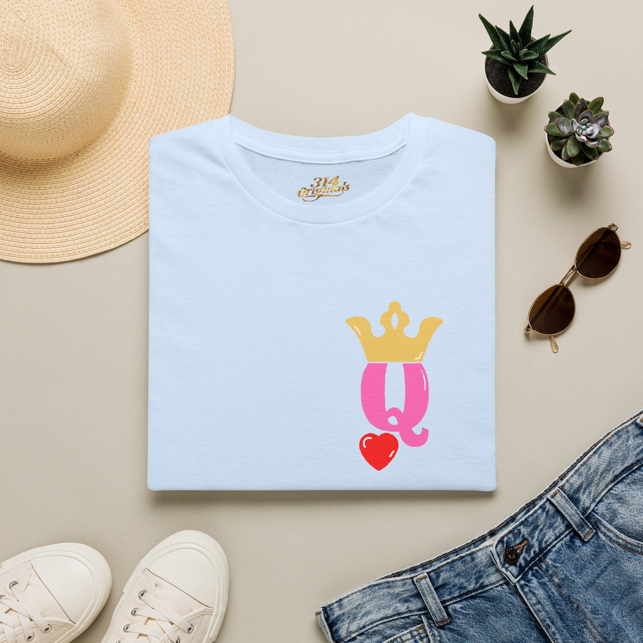 Queen Q Crown T‑Shirt — Pink & Gold Heart Logo Tee