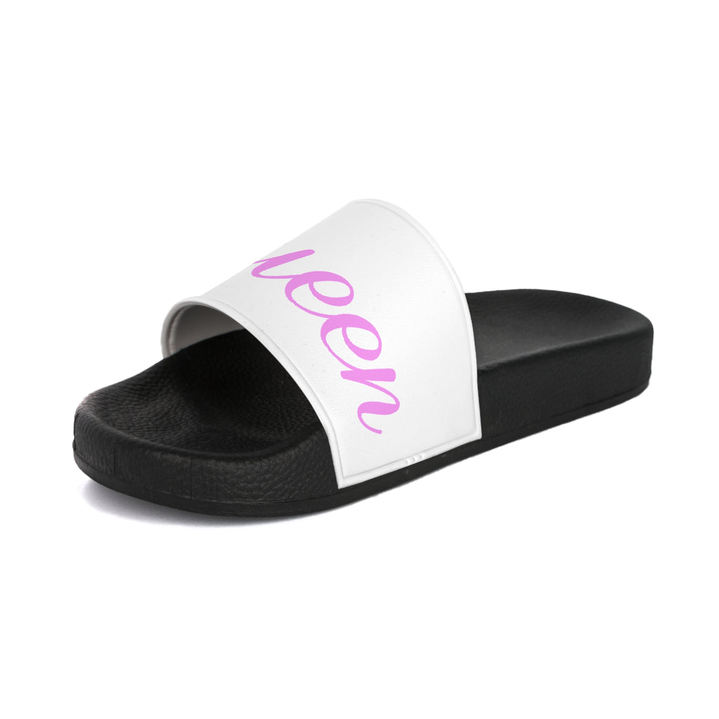 Queen Slide Sandals — Pink Script with Gold Crown