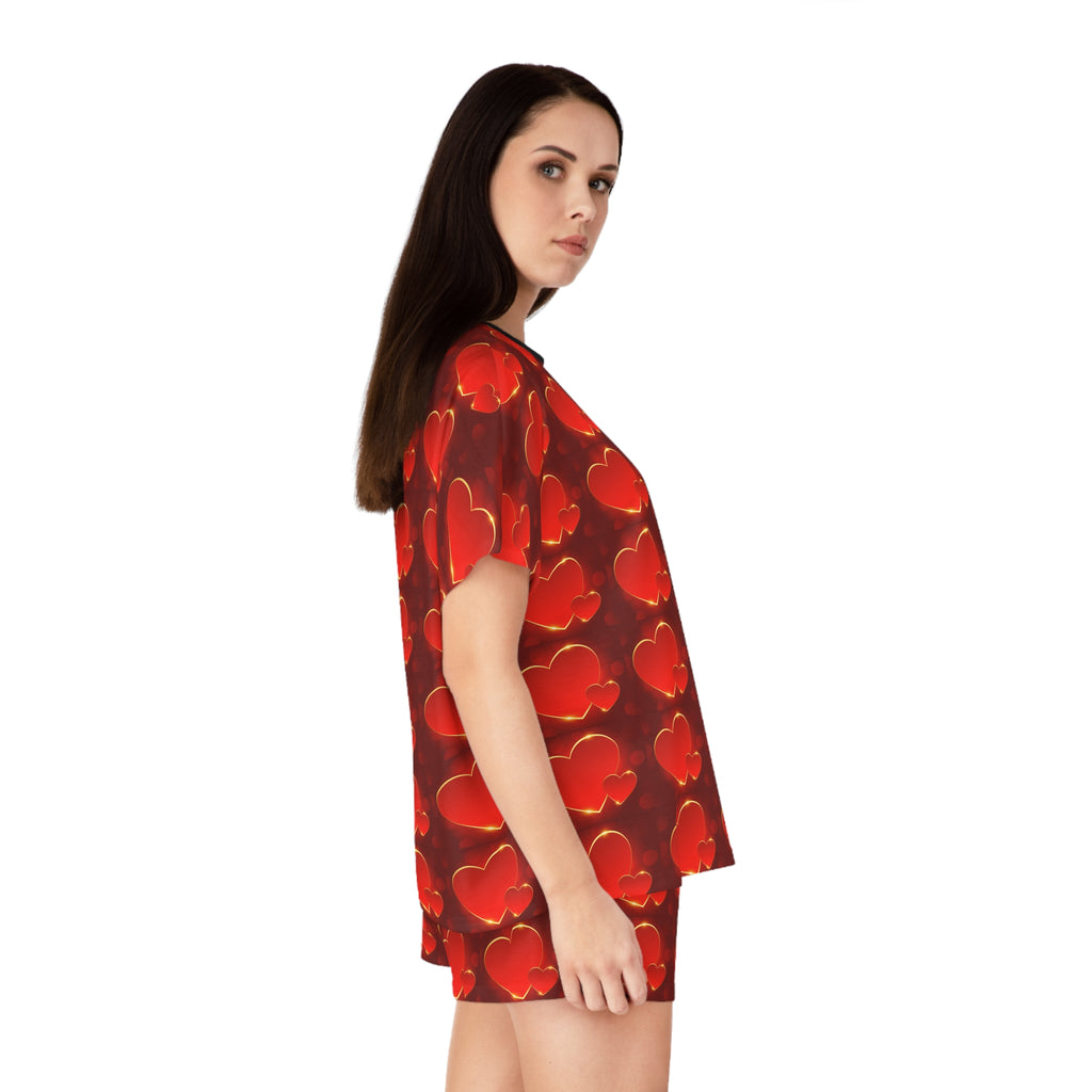 Women's Red Heart Pattern Short Pajama Set – Valentine's Sleepwear - 314 Originals