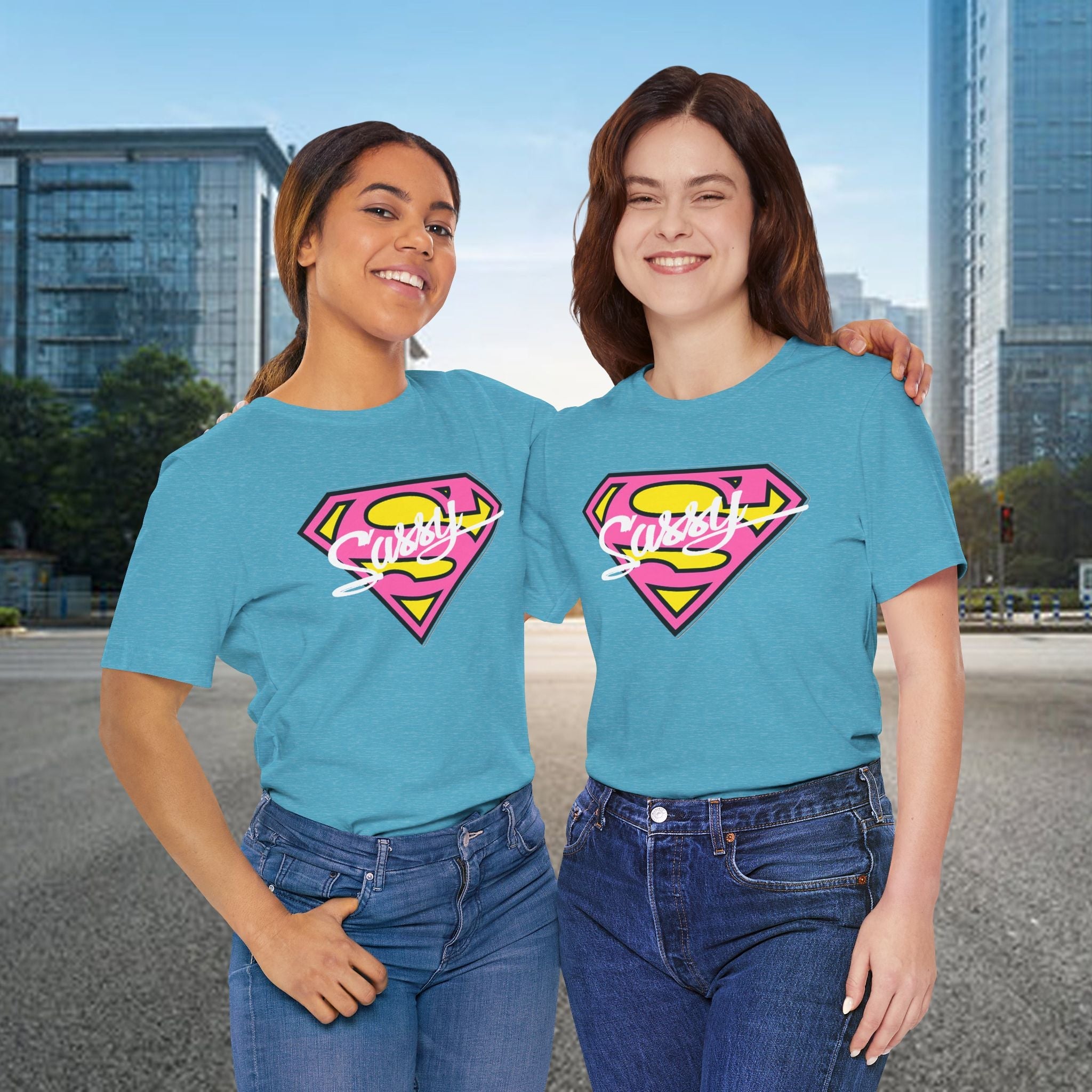 Super Sassy Tee — Pink & Yellow S Badge Graphic T-Shirt Printify T-Shirt  314 Originals