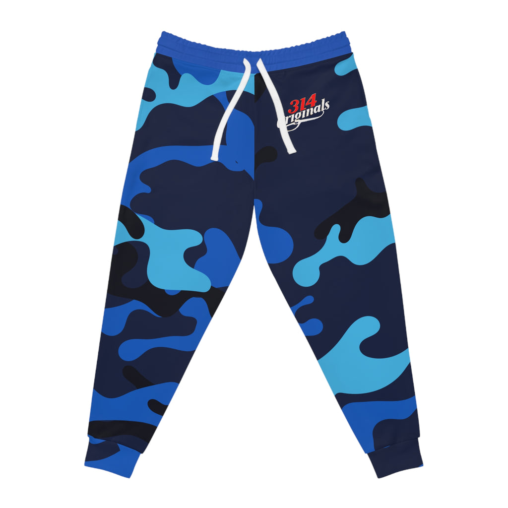Blue Camo 314 Originals Athletic Joggers – Retro Script Logo Sweatpants