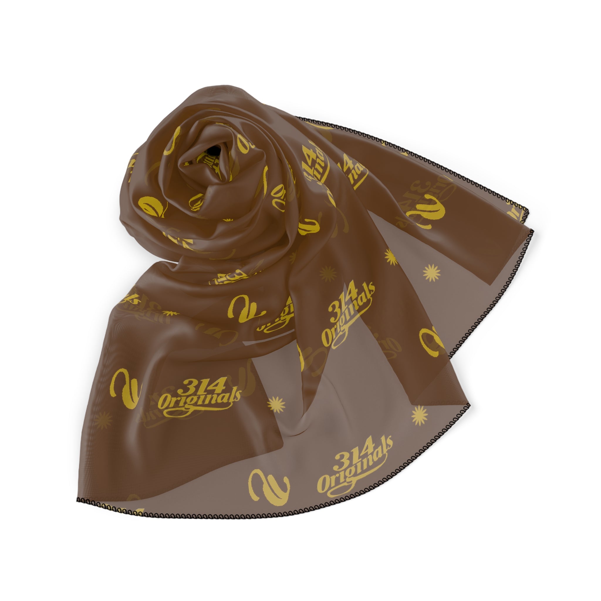 Silky Brown Logo Scarf — Gold Script Pattern Polyester Scarf - 314 Originals