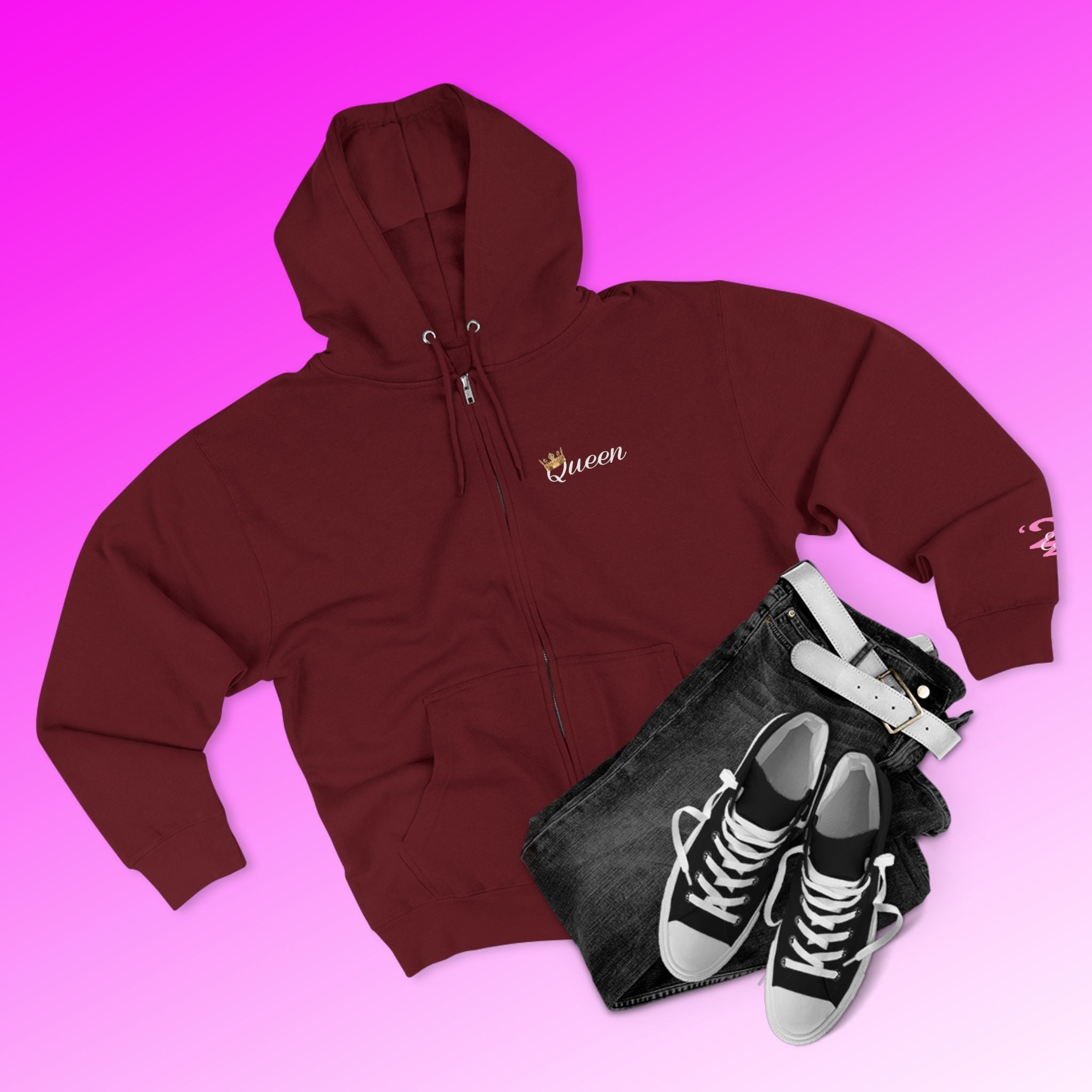 'Queen' Chest Logo Zip Hoodie — Women's Urban Streetwear Printify Hoodie  314 Originals