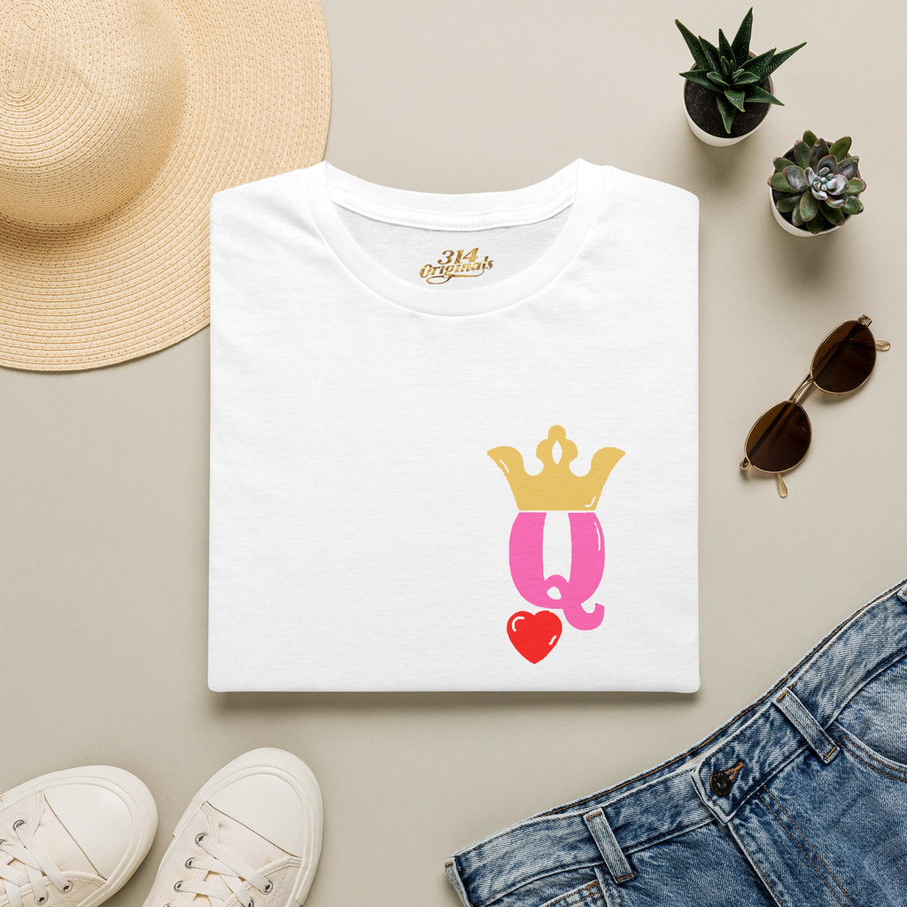 Queen Q Crown T‑Shirt — Pink & Gold Heart Logo Tee