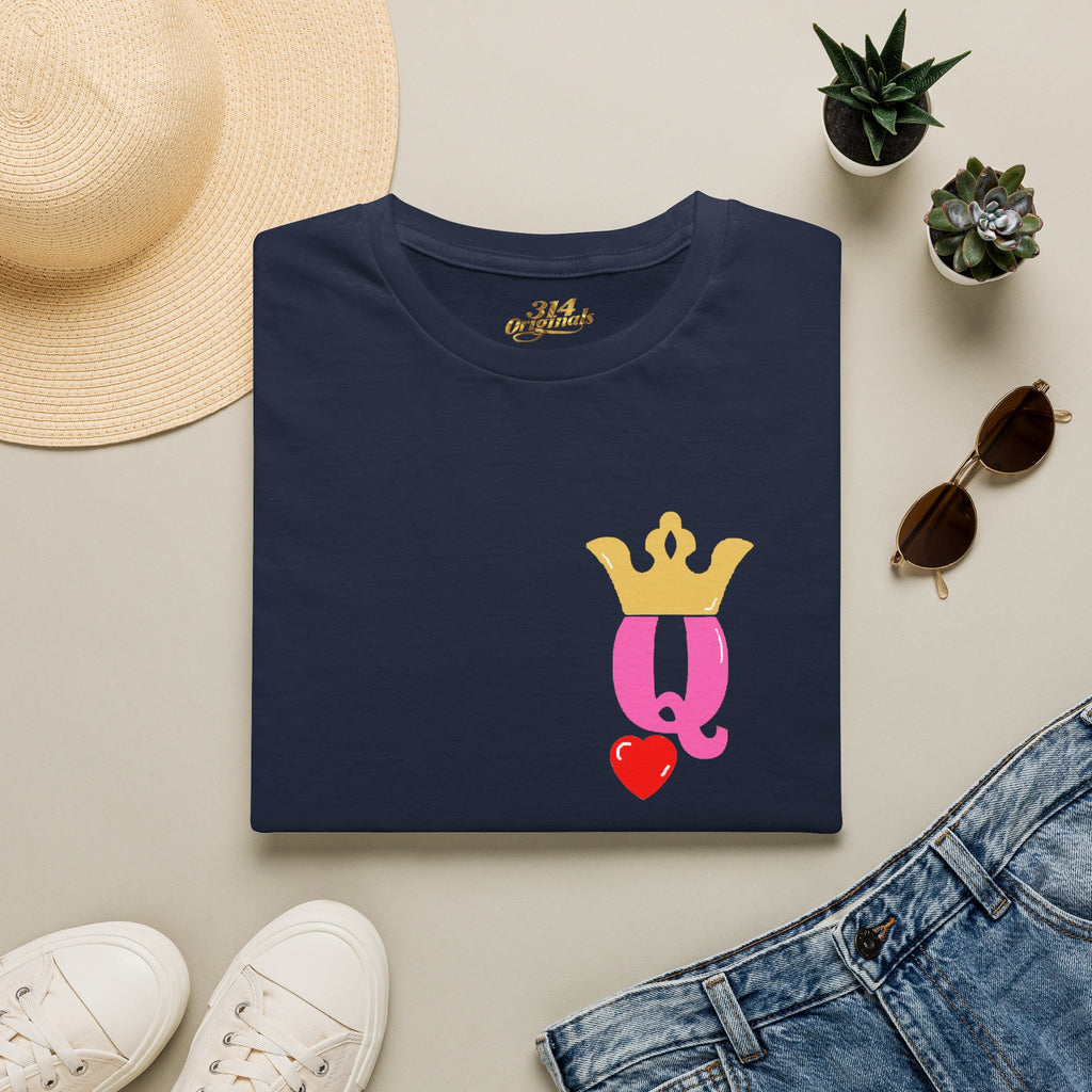 Queen Q Crown T‑Shirt — Pink & Gold Heart Logo Tee