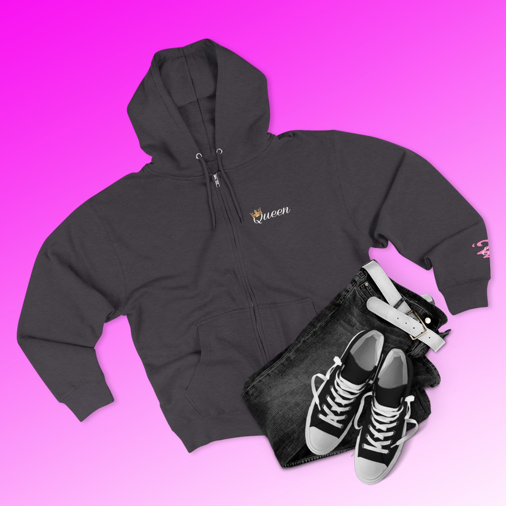 'Queen' Chest Logo Zip Hoodie — Women's Urban Streetwear Printify Hoodie  314 Originals