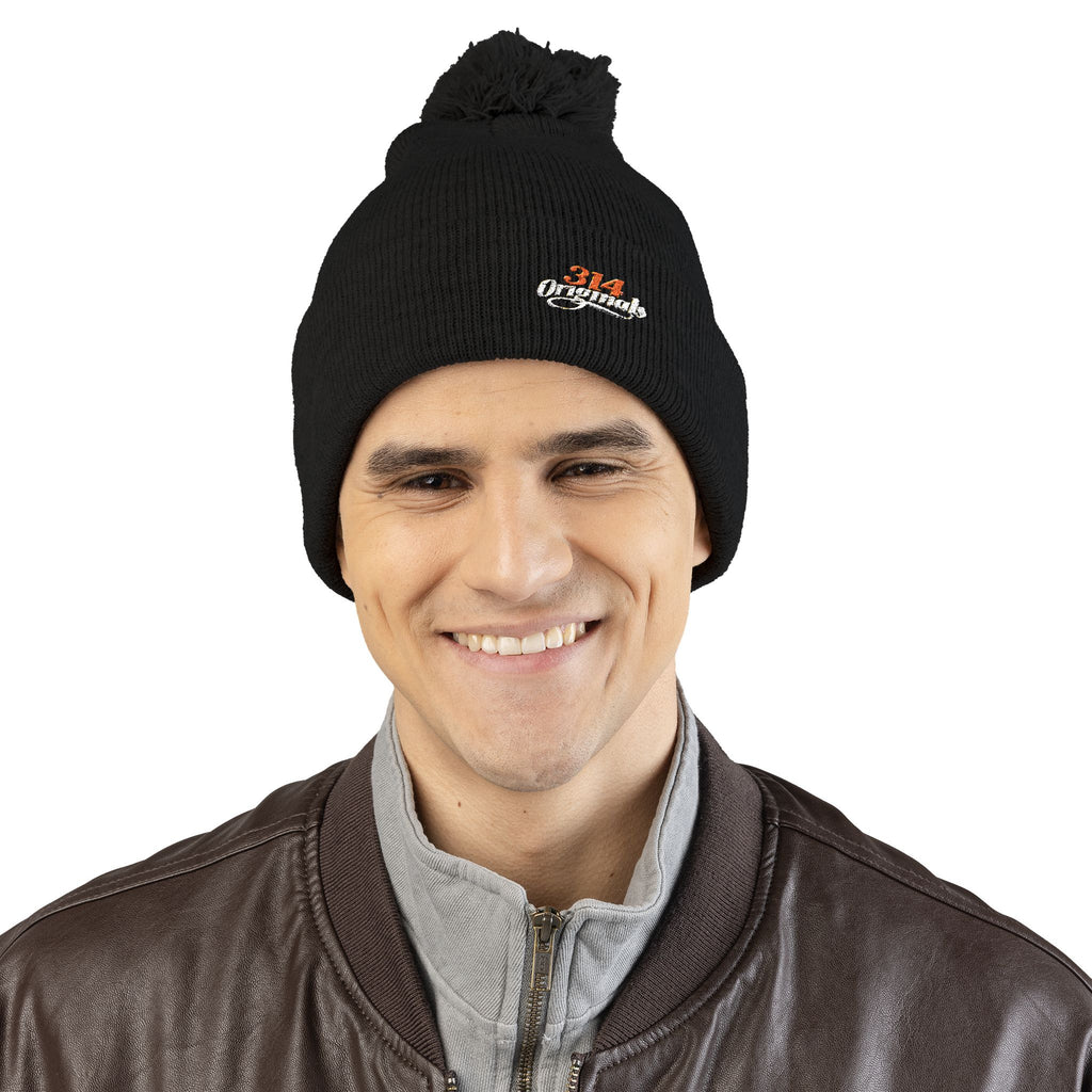 Embroidered Pom-Pom Knit Beanie – Cozy Winter Hat with Small Script Logo - 314 Originals