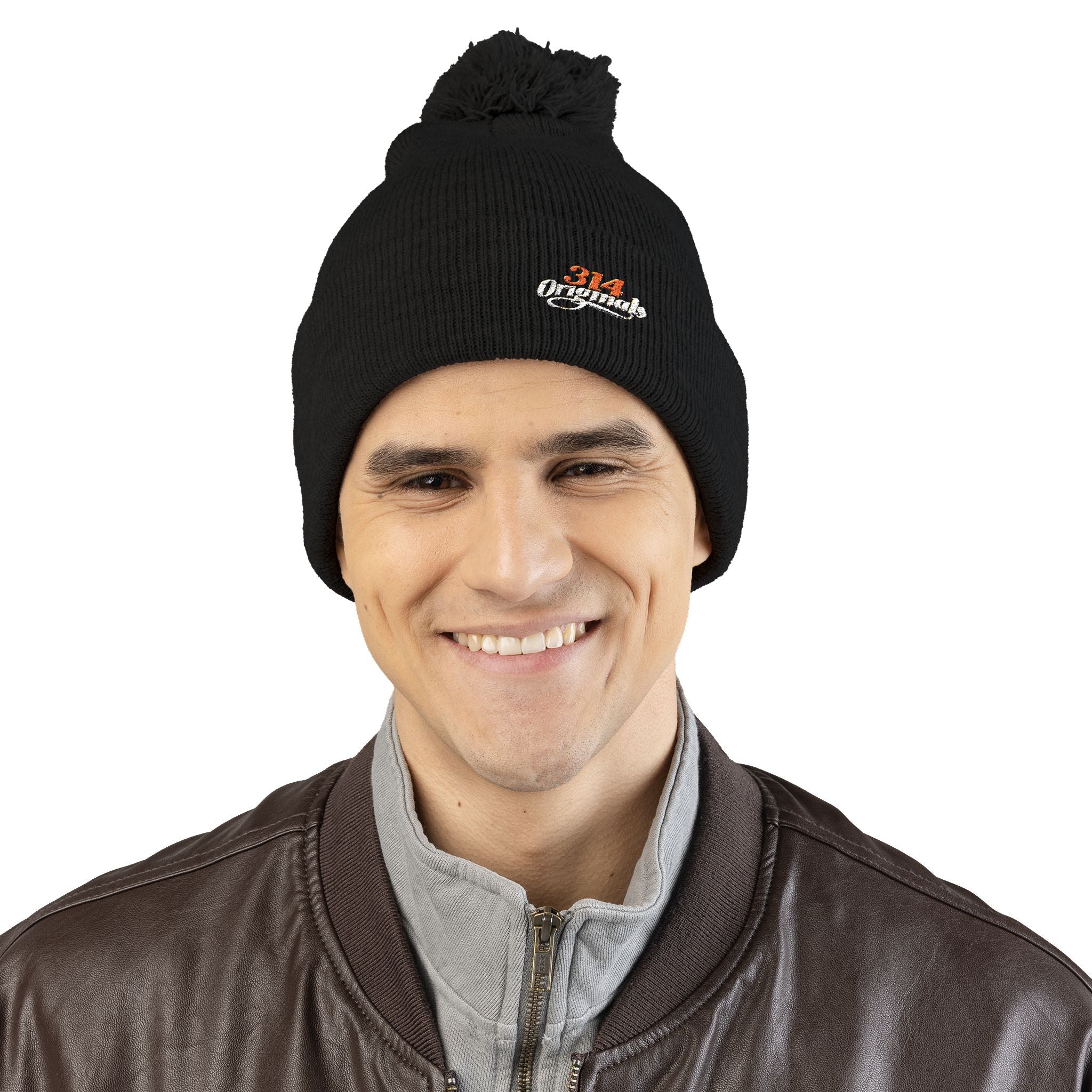 Embroidered Pom-Pom Knit Beanie – Cozy Winter Hat with Small Script Logo - 314 Originals