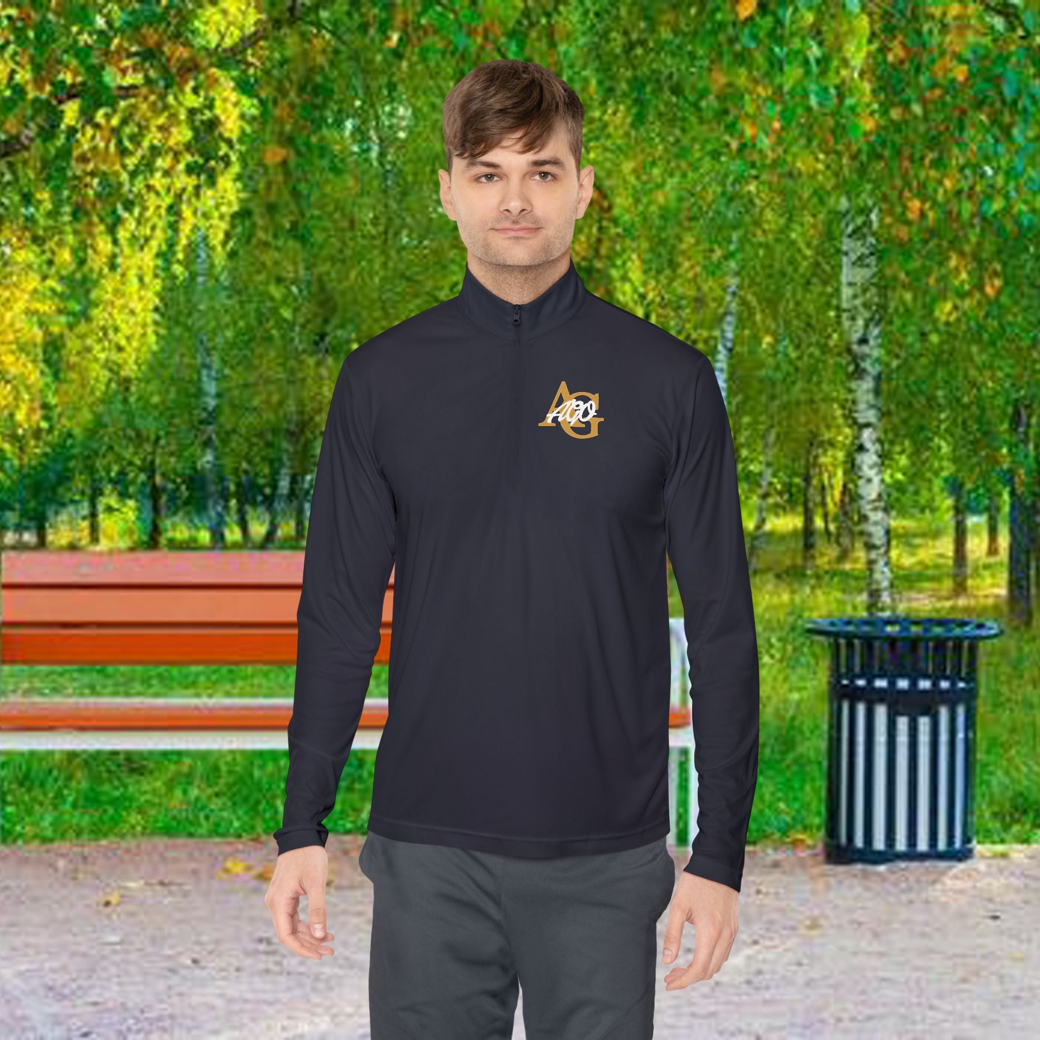 AGO Quarter-Zip Pullover — Small Gold & Black Chest Embroidery, Lightweight Casual Pullover - 314 Originals