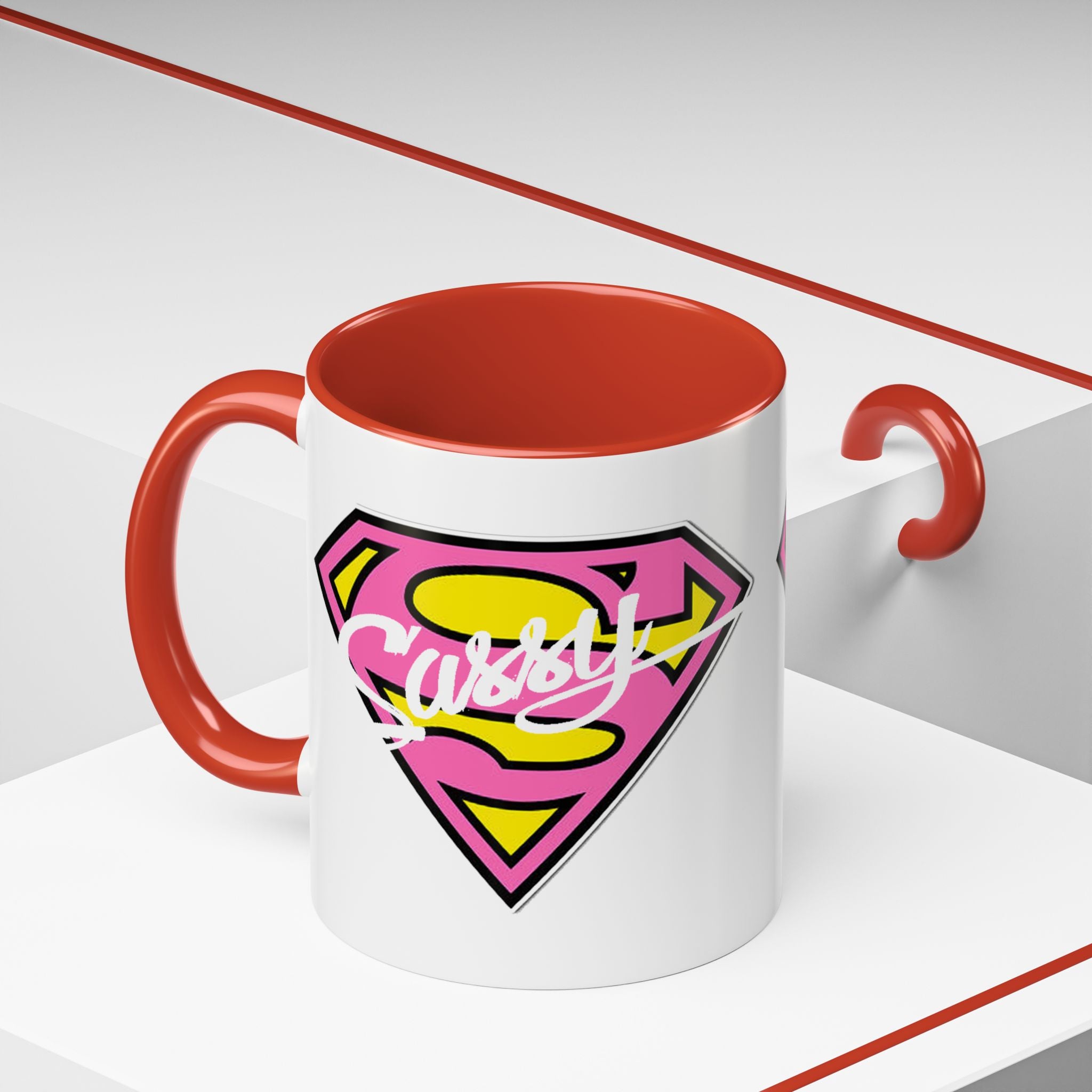 Sassy Supergirl Accent Coffee Mug – Pink & Yellow Super S Logo (11/15oz) - 314 Originals