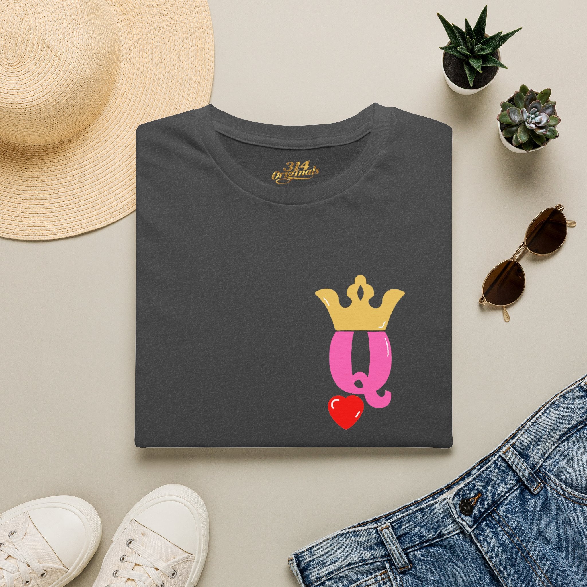 Queen Q Crown T‑Shirt — Pink & Gold Heart Logo Tee