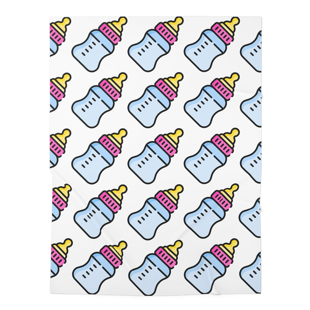 Pattern of baby bottles with pink and yellow caps on a white background