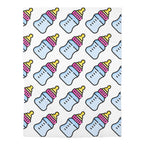 Pattern of baby bottles with pink and yellow caps on a white background