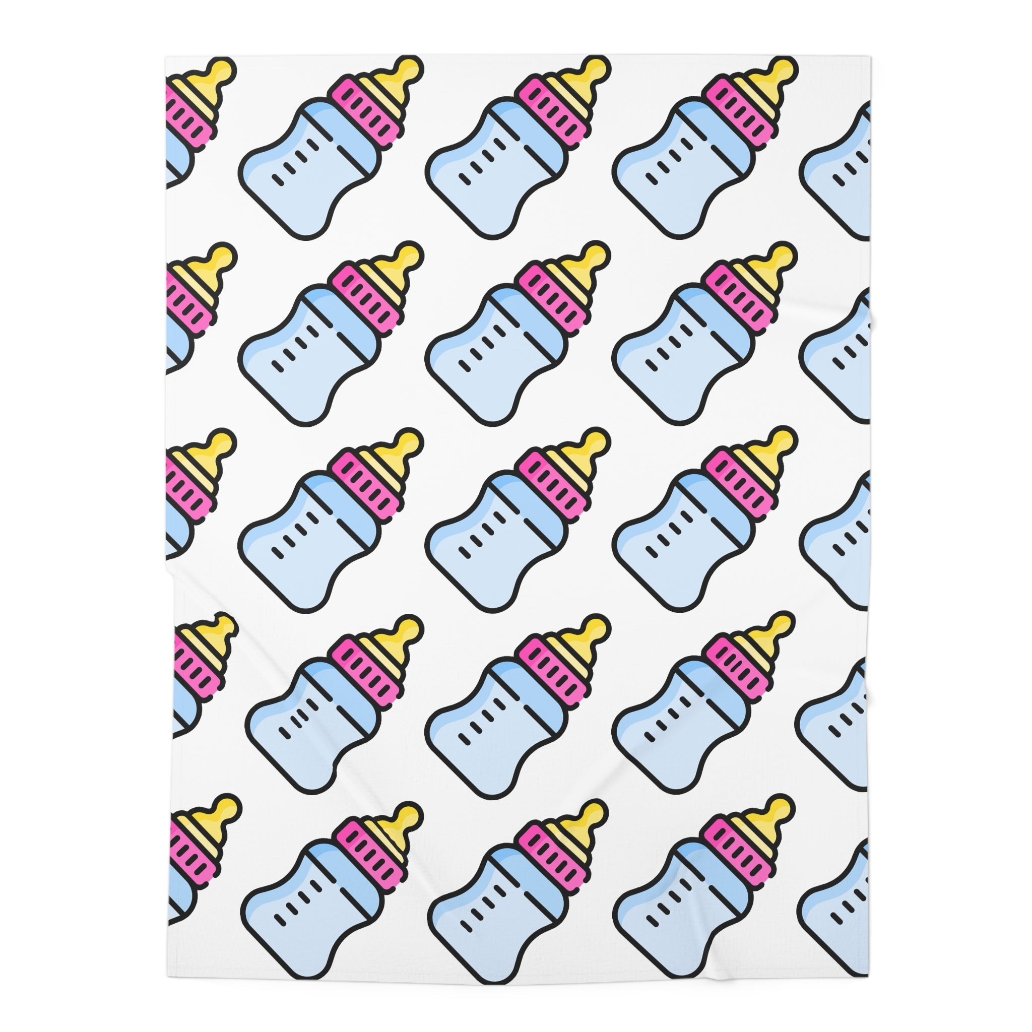 Pattern of baby bottles with pink and yellow caps on a white background