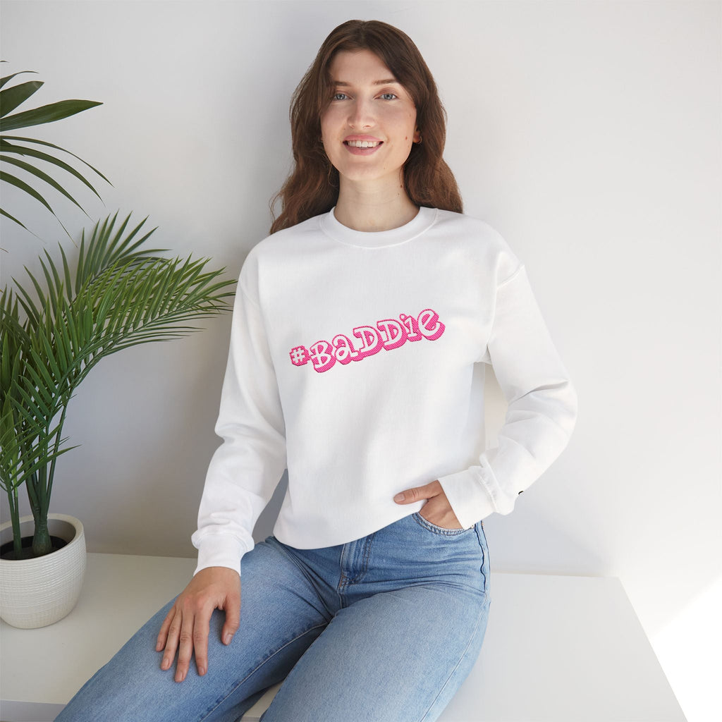 Baddie Pink Floral Logo White Crewneck Sweatshirt Printify Sweatshirt  314 Originals