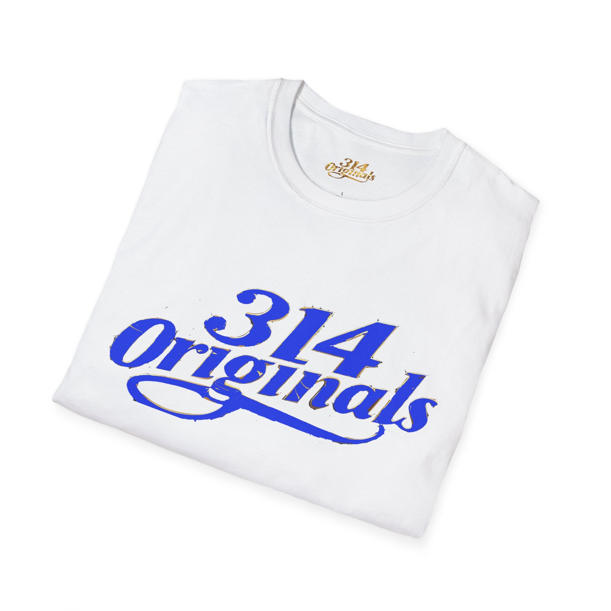 White t-shirt with '314 Originals' text in blue on a white background