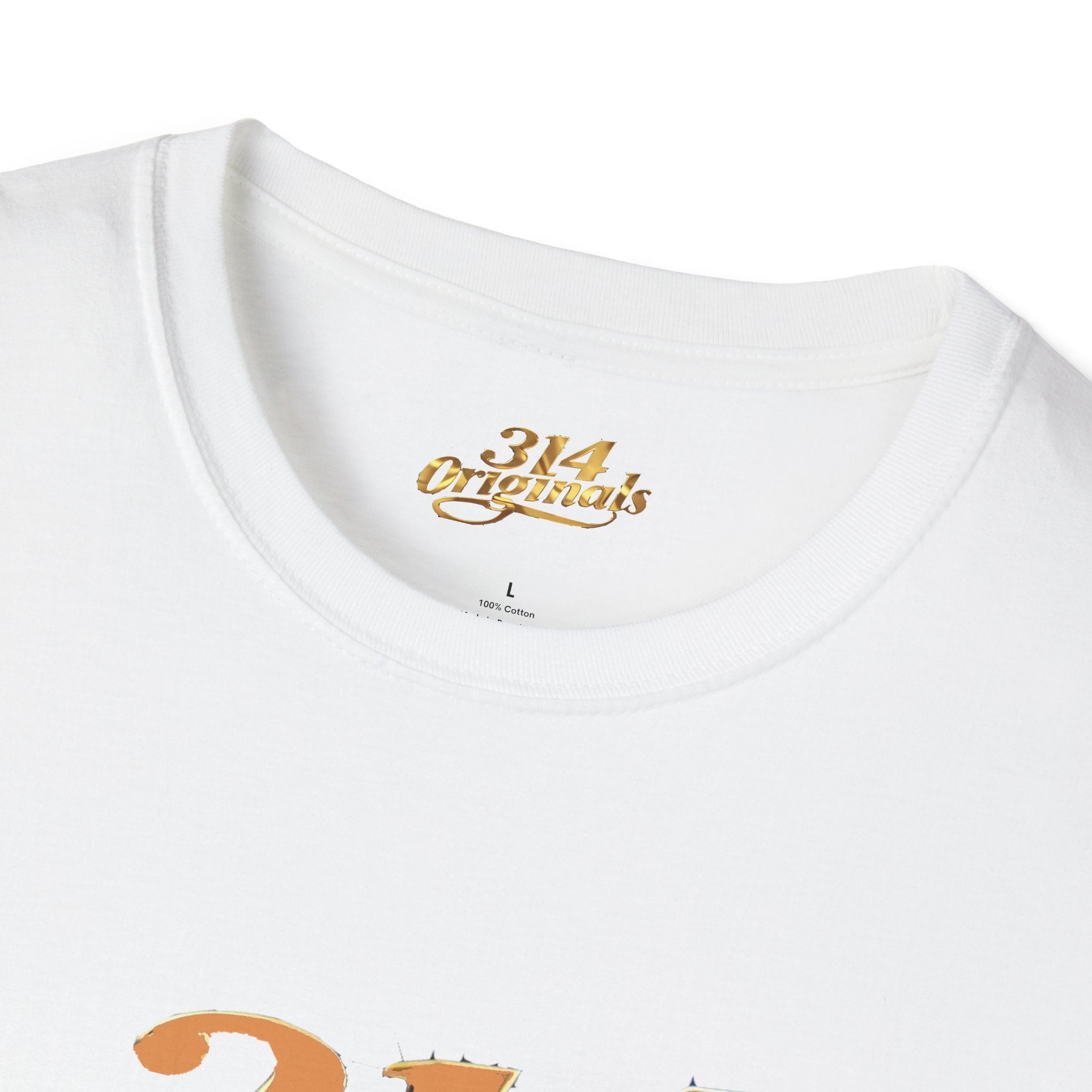 White t-shirt with gold '314 Originals' logo on a white background
