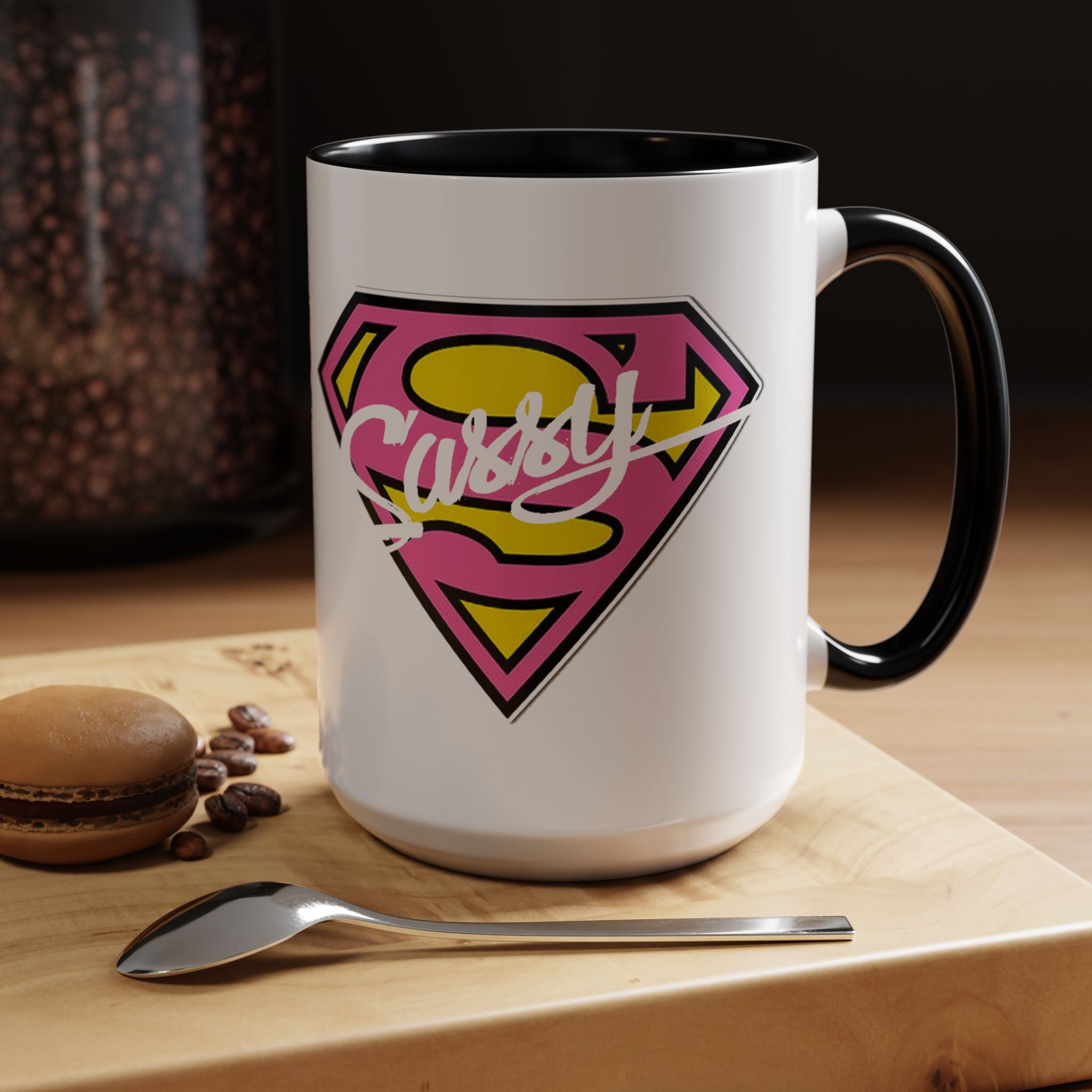 Sassy Supergirl Accent Coffee Mug – Pink & Yellow Super S Logo (11/15oz) - 314 Originals