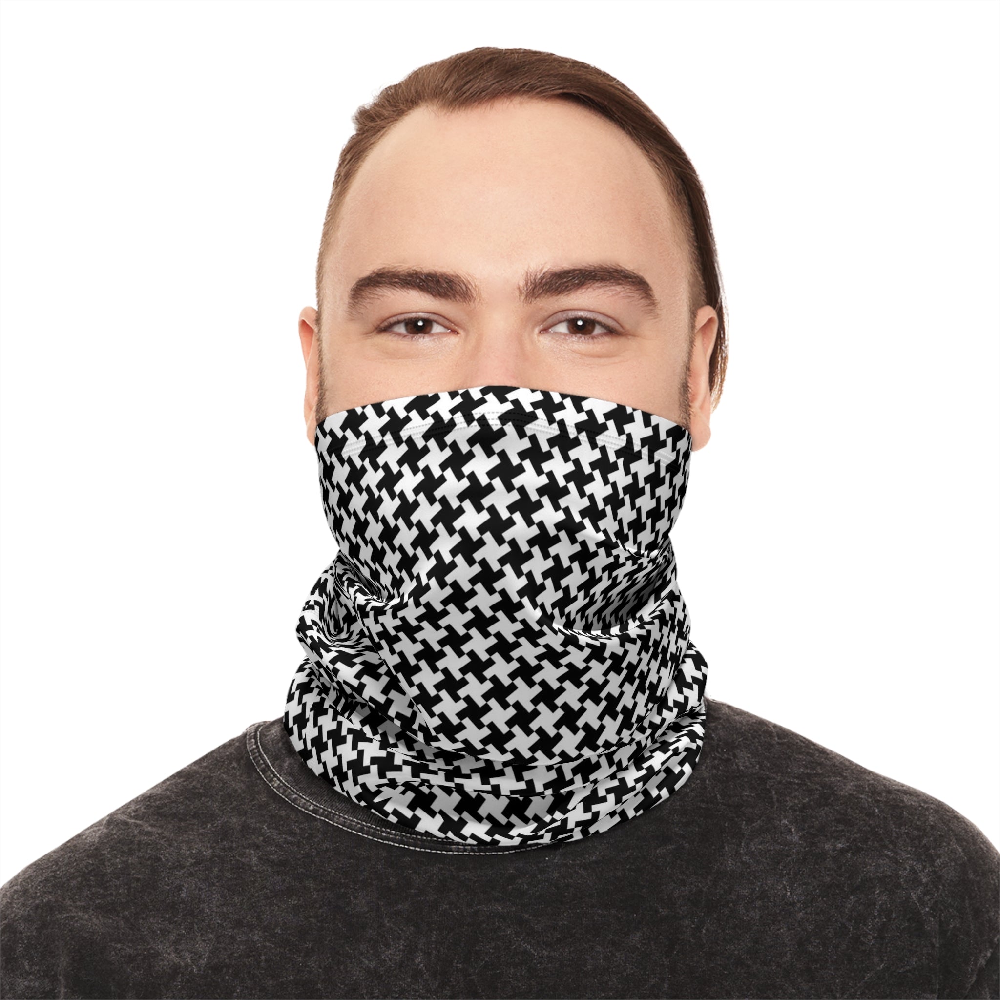 Houndstooth Winter Neck Gaiter with Drawstring — Cozy Black & White Face Scarf - 314 Originals