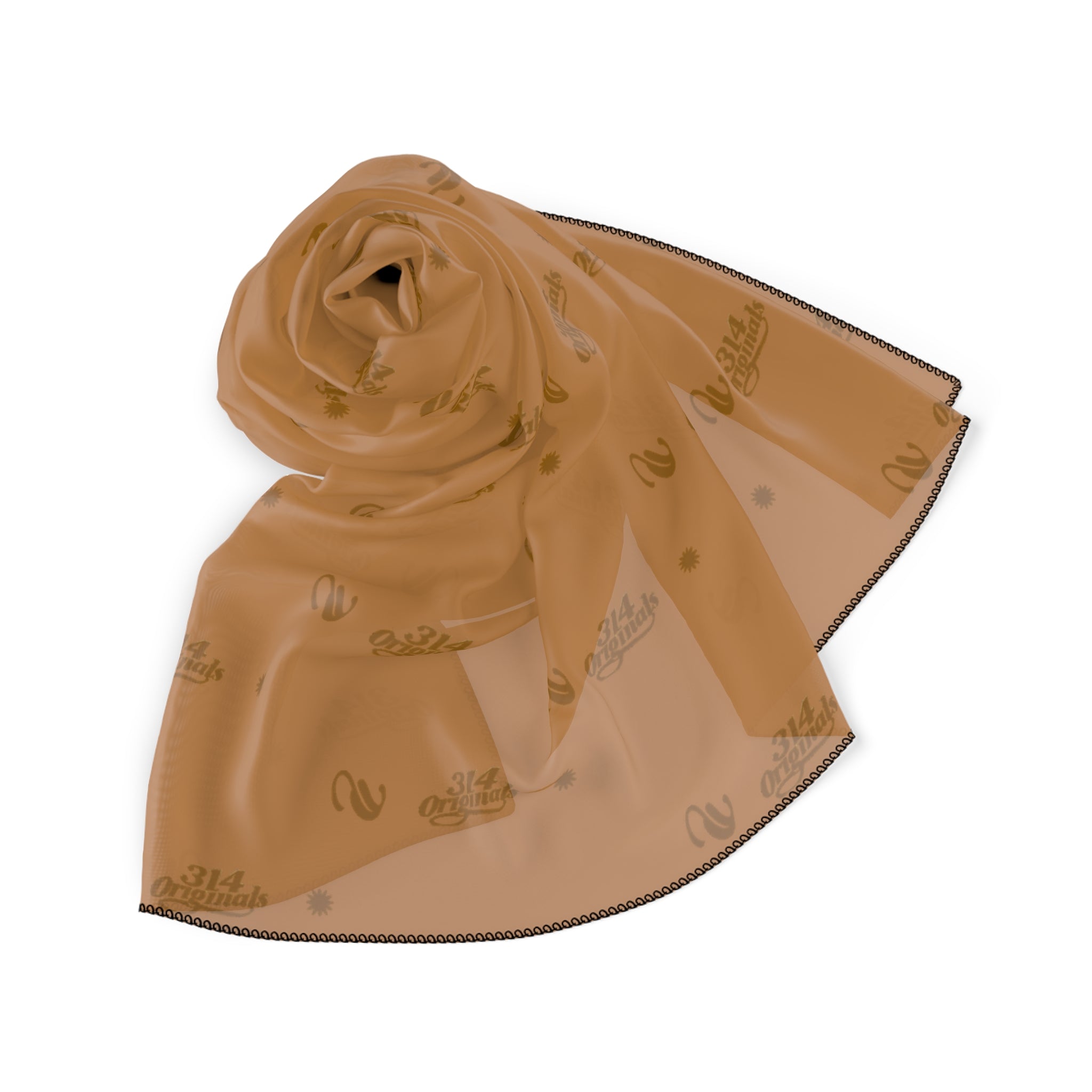 Silky Light Brown Logo Scarf — Gold Script Pattern Polyester Scarf - 314 Originals