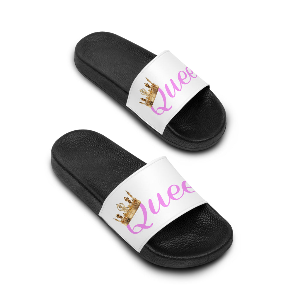 Queen Slide Sandals — Pink Script with Gold Crown