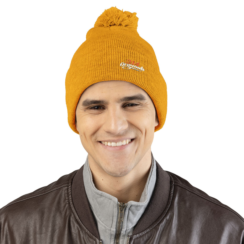 Embroidered Pom-Pom Knit Beanie – Cozy Winter Hat with Small Script Logo - 314 Originals