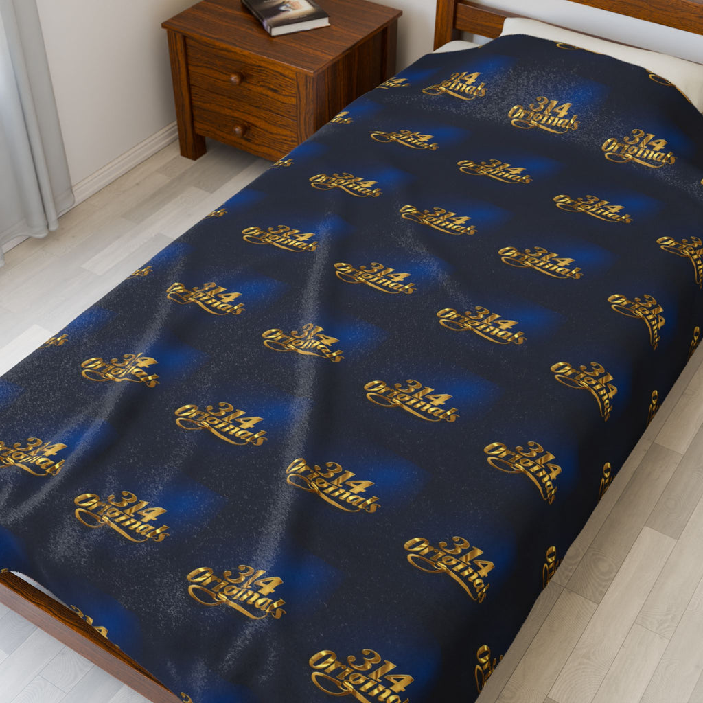 "314 Originals" Velveteen Plush Blanket – Navy Gold Repeating Logo Throw