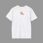 White t-shirt with a logo on the back against a white background
