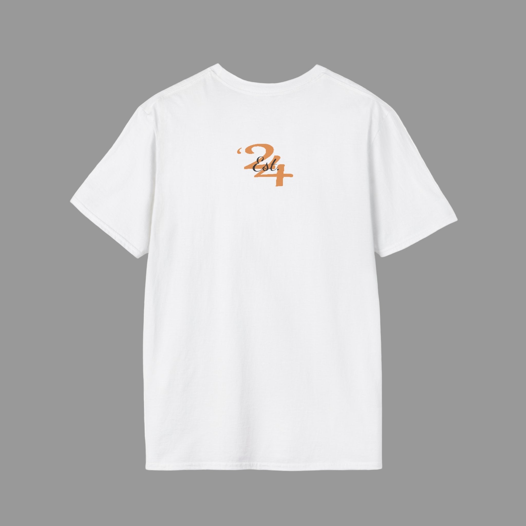 White t-shirt with a logo on the back against a white background