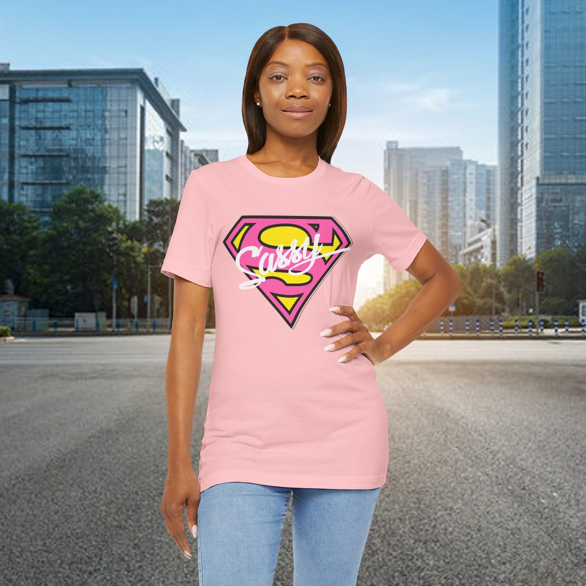 Super Sassy Tee — Pink & Yellow S Badge Graphic T-Shirt Printify T-Shirt  314 Originals
