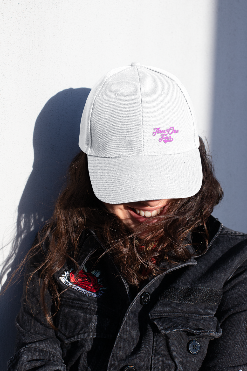 White Mid Profile Baseball Cap — 314 Embroidered Pink Logo - 314 Originals