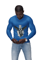 Man wearing blue long sleeve V-neck tee with angel wings graphic, paired with jeans and watch, looking at phone